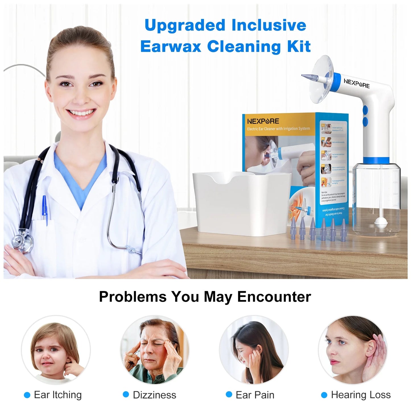 Ear Wax Removal, Ear Cleaning Kit,4 Cleaning Modes, One-Touch Start Water Spray,5 Ear Tips & Ear Basin