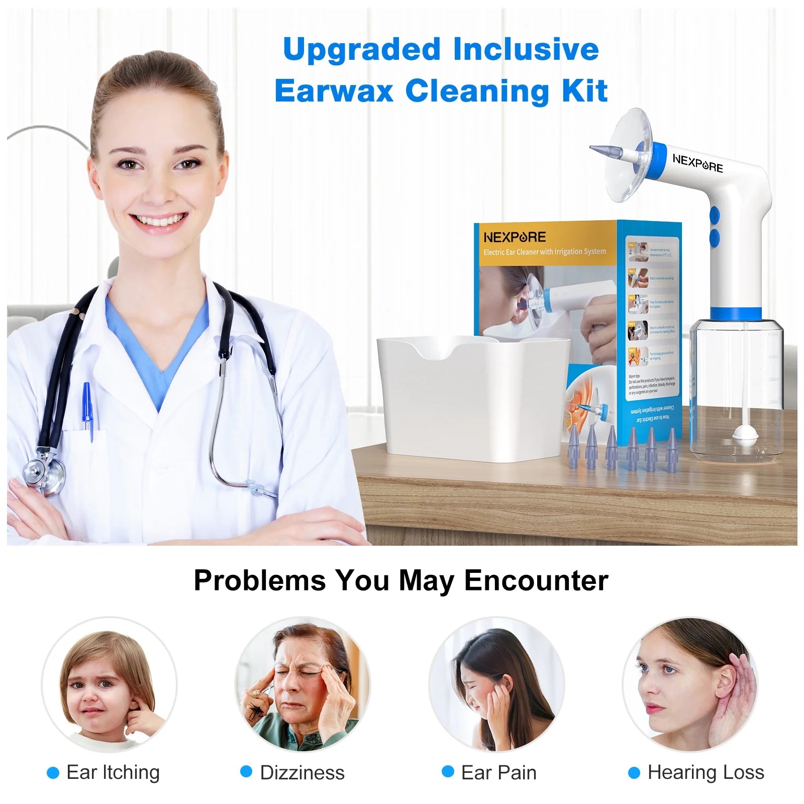 Ear Wax Removal, Ear Cleaning Kit,4 Cleaning Modes, One-Touch Start Water Spray,5 Ear Tips & Ear Basin