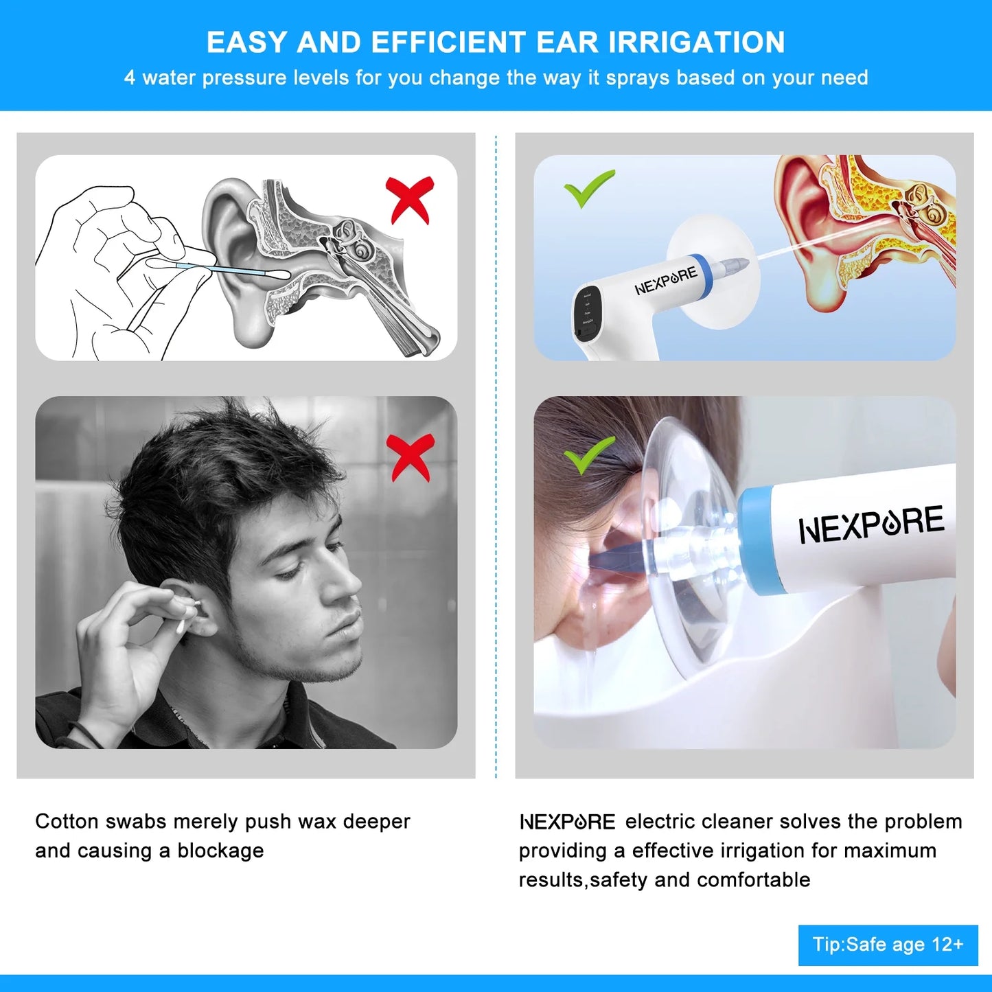 Ear Wax Removal, Ear Cleaning Kit,4 Cleaning Modes, One-Touch Start Water Spray,5 Ear Tips & Ear Basin