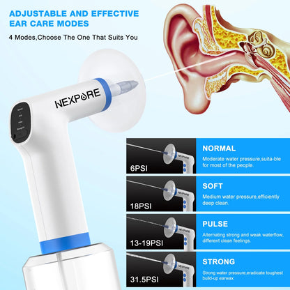 Ear Wax Removal, Ear Cleaning Kit,4 Cleaning Modes, One-Touch Start Water Spray,5 Ear Tips & Ear Basin